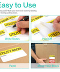 Massive 600 Count Moving Box Labels Pack For Three To Four Bedroom Homes With Writable Note Areas in use on boxes