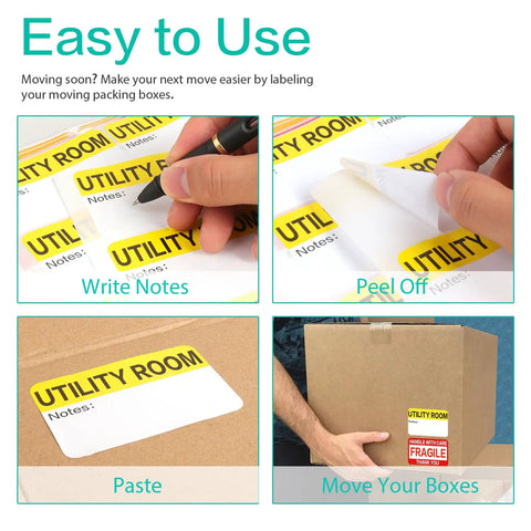 Massive 600 Count Moving Box Labels Pack For Three To Four Bedroom Homes With Writable Note Areas in use on boxes
