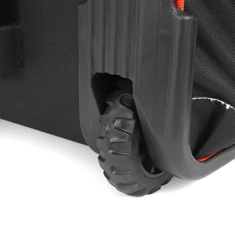 Close-up of wheels on Rolling Tool Bag Organizer With Wheels, 18 Inch Portable Tool Tote for easy transport