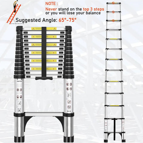 Telescoping Aluminum Ladder 12.5 Feet With Non Slip Feet Portable Collapsible Extension Ladder For Home Roof Loft RV Use EN131 Certified