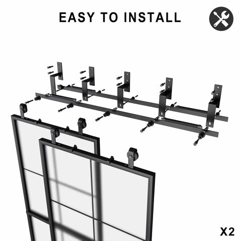 Double Bypass Frosted Tempered Glass Barn Door Kit 144 By 84 Inches With 12 Feet Double Hardware Kit Soft Close And Black Carbon Steel Frame 4 Panels Sliding Door Set No Fuss Install with visible mounting hardware and frosted glass panels.
