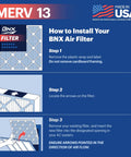 Installation guide for 20x25x1 Air Filter MERV 13 Six Pack Made In USA Electrostatic Pleated HVAC Filter with steps and images.