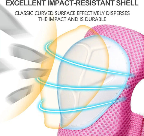 Close-up of pink impact-resistant knee pad from Adjustable Kids Helmet And Pad Set For Skating Biking Cycling And Skateboarding Includes Knee Elbow And Wrist Guards For Boys And Girls Ages 3 To 14 Kid Friendly And All Skill Levels, showing curved shell design.