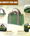 Wide Mouth Canvas Tool Bag With Heavy Duty Build And Large Capacity Organizer For Wrenches And Pliers, Durable Green Tote For Tools, 20 Inch Multi Function Storage Bag For Home Garage Job Site, showcasing bag features.
