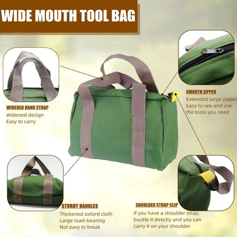 Wide Mouth Canvas Tool Bag With Heavy Duty Build And Large Capacity Organizer For Wrenches And Pliers, Durable Green Tote For Tools, 20 Inch Multi Function Storage Bag For Home Garage Job Site, showcasing bag features.
