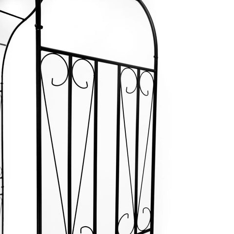 Side view of Sturdy Steel Garden Arch For Climbing Plants, 8 Ft 8 In Tall by 4 Ft 5 In Wide, outdoor arbor with black finish detail