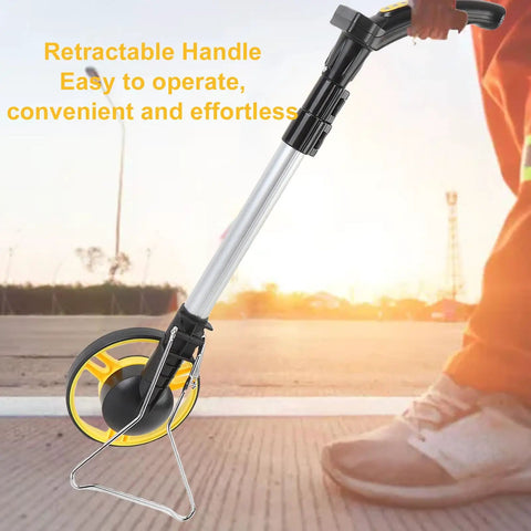 Jiawu Digital Display Distance Measuring Wheel Foldable Hand Push Roller Rangefinder with retractable handle in use for accurate measurement.