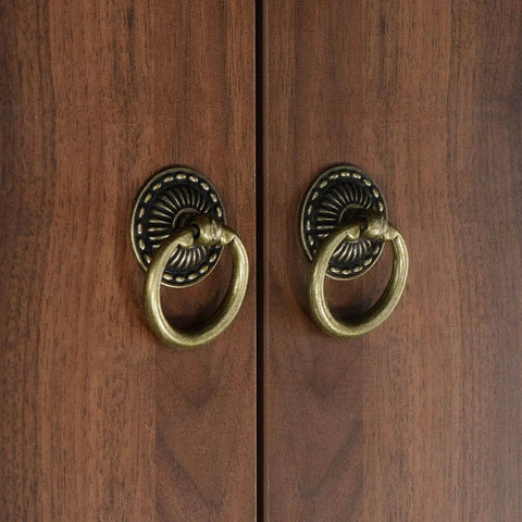 Antique Bronze Ring Drawer Pulls 4 Piece Set With Screws For Dressers Chests Vanity Cabinets Jewelry Boxes on wooden cabinet