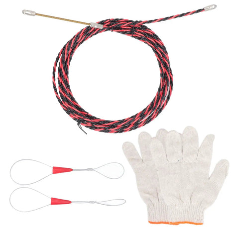 Pro Grade Fish Tape Wire Threader for Electricians, Flexible Spring Cable Puller Tool for Conduit Wiring, Manual Threading Device with Bright Color for Easy Visibility, Includes Gloves and Ties, Durable Steel Construction, coiled with gloves and ties