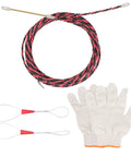 This Heavy Duty Electrical Wire Threader Is The Ultimate Fish Tape For Pros with red and black spring steel cable, gloves, and connectors.