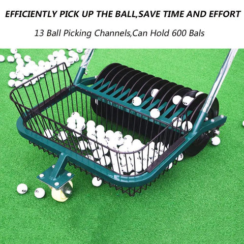All-In-One Golf Ball Picker And Collector With 13-Channel System Holds Up To 600 Balls Lightweight And Easy To Use So You Do Not Bend Over Perfect For Cart Or Range On The Course showing basket filled with balls on grass