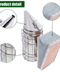 Close-up of Sturdy Stainless Bee Hive Smoker Kit with Heat Shield Pro Beekeeping Gear, highlighting nozzle and protective cage details.