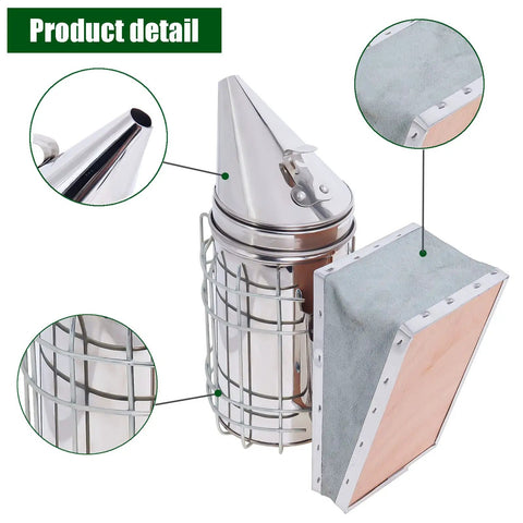 Close-up of Sturdy Stainless Bee Hive Smoker Kit with Heat Shield Pro Beekeeping Gear, highlighting nozzle and protective cage details.