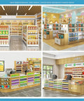 Heavy Duty Four Tier Metal Storage Shelves Double Sided Adjustable Supermarket Rack used for product display in a retail space.