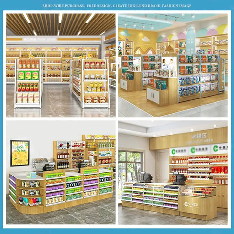 Heavy Duty Four Tier Metal Storage Shelves Double Sided Adjustable Supermarket Rack used for product display in a retail space.