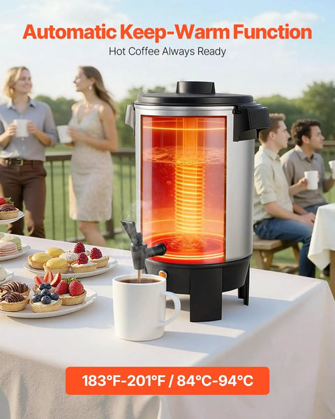 Big Batch 152 Oz Coffee Urn For Catering And Parties With Dripless Faucet 1090W Quick Brew Auto Temperature Control Keeps Coffee Hot Makes 30 Cups For Church Restaurant And Events on a table at an event