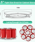 Image of 2 Pack Nine Point Five Inch Lazy Susan Turntables For Cabinet Pantry Refrigerator Organizer Non Slip 360 Degree Spin Storage Shelves Easy Reach For Kitchen Counter Closet Drawer Grab And Go Cans Bottles Jars showcasing its size and can capacity.