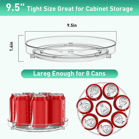 9.5 Inch Lazy Susan Turntable Organizer showing size and capacity for eight cans, clear design for cabinet storage.