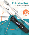 Ultra Fast Digital Meat Thermometer With Backlight And Foldable Probe next to fork and knife, showing probe rotation