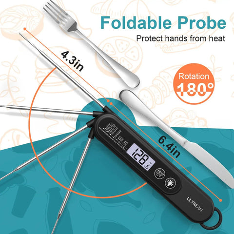 Ultra Fast Digital Meat Thermometer With Backlight And Foldable Probe next to fork and knife, showing probe rotation