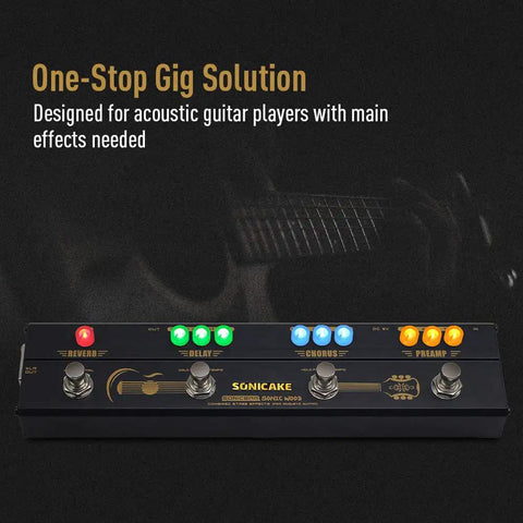 Acoustic Guitar Pedal Multi Effects With Analog Preamp And 2 Band EQ, warm sonic wood finish with reverb and delay controls.