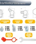 Diagram and components of One Quarter Inch SAE Grease Fittings Kit With 82 PCS Zerk Nipples, Caps And Wrench, detailing sizes.