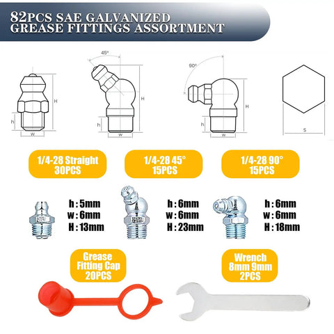 Diagram and components of One Quarter Inch SAE Grease Fittings Kit With 82 PCS Zerk Nipples, Caps And Wrench, detailing sizes.