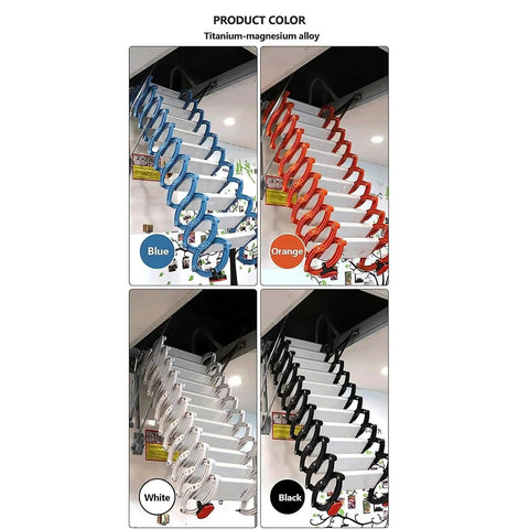 Heavy Duty Electric Attic Ladder Rock Solid Folding Loft Stairs in four colors: blue, orange, white, black made of titanium-magnesium alloy.