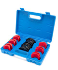 Universal Motorcycle Fork Seal Driver Tool Kit with Six Adapters in open blue case showcasing components for easy install and maintenance.