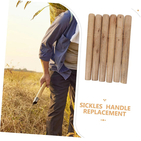 Six Pack Hardwood Tool Handles Replacement Grips for sickle use in farming, ergonomic comfort grip shown with person harvesting.