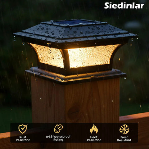 Solar Post Cap Lights For 4x4 5x5 6x6 Posts, Outdoor Glass LED Fence Caps With Pebbled Glass, glowing in rain