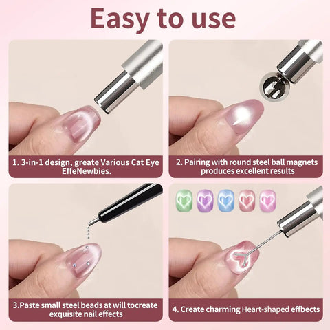 4-Piece Cat Eye Nail Magnet Set Silver Dual-Ended Magnetic Nail Tools With Round Bead And Heart Magnets Plus Black Magnetic Bead Pickup Pen For Cat Eye Gel Polish DIY Nail Art
