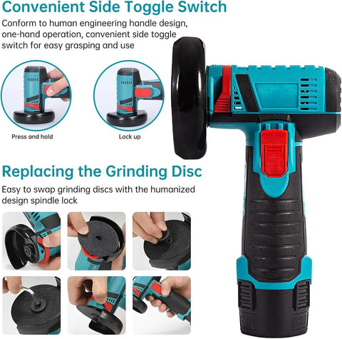 Cordless Angle Grinder Tool With 19500 RPM Two Batteries fast metal grinding, side view showing toggle switch and disk replacement steps