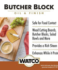 Butcher Block Oil and Finish bottle with assorted cheeses and charcuterie on a wooden cutting board, showcasing food safety.