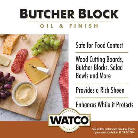 Butcher Block Oil and Finish bottle with assorted cheeses and charcuterie on a wooden cutting board, showcasing food safety.