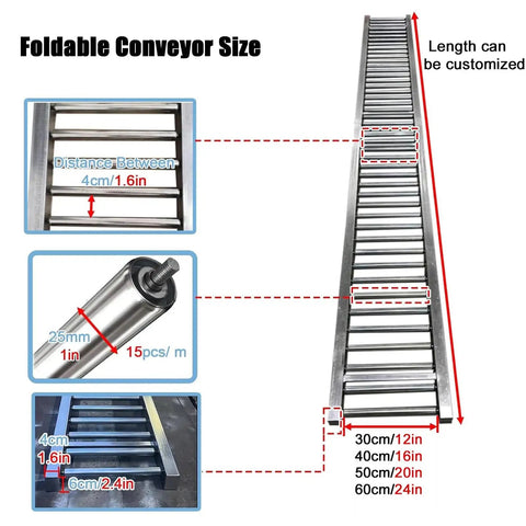Beefy Heavy Duty Portable Folding Conveyor Belt With Two-Meter Stainless Steel Roller For Truck Trailers, Eleven Point Eight Inch Wide Light Duty Unpowered Slides, Built For Durable, Versatile Industrial Material Handling. foldable size diagram