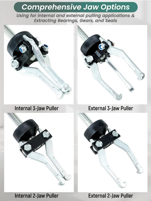 Slide Hammer Puller Set 19 Piece With Front Wheel Hub Bearing Remover And Rear Wheel Axle Hub Dent Shaft Tool Kit showing jaws