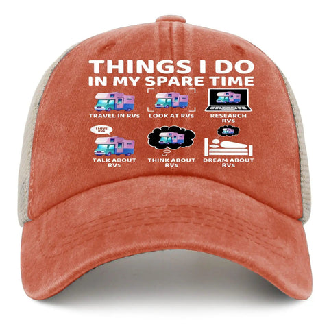 Spare Time RV Camper Golf Hat With Adjustable Back Buckle Color Options To Match Any Outfit Ideal For Photos Road Trips And Hangouts With Friends Everyday features RV-themed graphics.