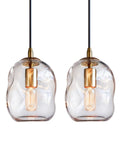 Dope Clear Art Glass Pendant Lights 2 Pack For Kitchen Island And Dining Room Table Modern Organic Globe Ceiling Fixture with sleek brass gold hardware.