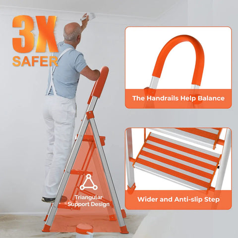 Three Step Foldable Aluminum Stool With Anti Slip Pedals And Rubber Hand Grip, 350 Lb Capacity, Lightweight Home And Kitchen Stepladder For Easy Reach, Grab And Go Compact Yet Sturdy Non Slip Construction For Safe Everyday Use, man painting ceiling