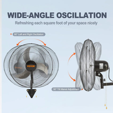 20 Inch Wall Mount Oscillating Fan With Three Speed Beefy Airflow Up To 4650 CFM showing wide-angle oscillation