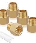 Brass Pipe Fittings Kit 5 Piece Half Inch NPT Male To Half Inch NPT Female Adapter Extensions with tape, durable plumbing fittings.