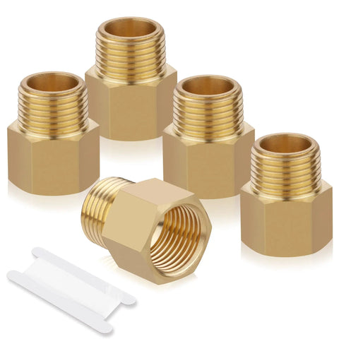 Brass Pipe Fittings Kit 5 Piece Half Inch NPT Male To Half Inch NPT Female Adapter Extensions with tape, durable plumbing fittings.