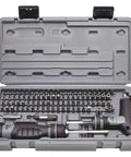 Open case of J61390 91 Piece Ratchet Multi Bit Set With Heavy Duty Magnetic Case All In One Bit Kit organized in rows, showing all components.
