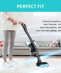 Person using Miele Triflex HX1 vacuum, highlighting Two Pack Fine Dust Filter For Miele TriFlex HX1 Series Cordless Vacuums Cat And Dog HX FSF Replacement 99.97 Percent Filtration Down To Point Three Microns Easy To Swap Every Six To Twelve Months Keeps Your Home Fresh And Allergies In Check compatibility.