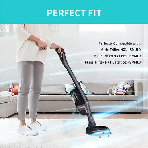 Person using Miele Triflex HX1 vacuum, highlighting Two Pack Fine Dust Filter For Miele TriFlex HX1 Series Cordless Vacuums Cat And Dog HX FSF Replacement 99.97 Percent Filtration Down To Point Three Microns Easy To Swap Every Six To Twelve Months Keeps Your Home Fresh And Allergies In Check compatibility.