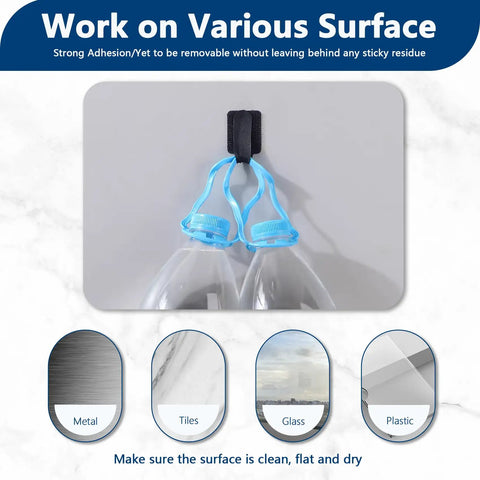 50 Pack Hook And Loop Cable Ties For Under Desk Cable Management shown on wall with surface compatibility examples of metal, tiles, glass, plastic.
