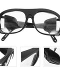 Tough As Nails Heavy Duty Welding Goggles Six Pack Plastic Safety Glasses, clear lenses, black lightweight frame, front view.