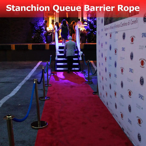 Red carpet with Four Pack Blue Velvet Stanchion Ropes 5 Feet Long With Gold Clasps Ideal For Crowd Control Queues at event entrance