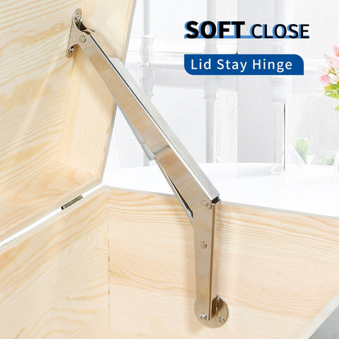 Heavy Duty Lid Hinge With Soft Close Gas Strut For 30 To 60 Pound Lids 200N Gas Spring Satin Nickel Finish installed on wooden box